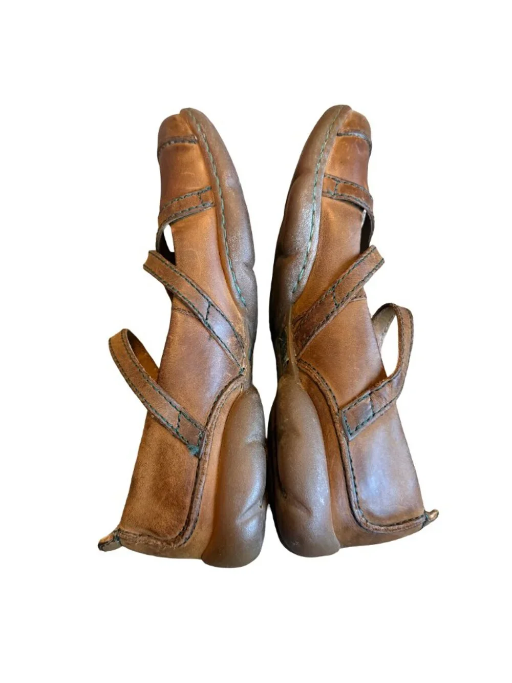 Born Brown Leather Mary Jane Flats Crisscross Strap Buckle Work Size 7.5 Women's